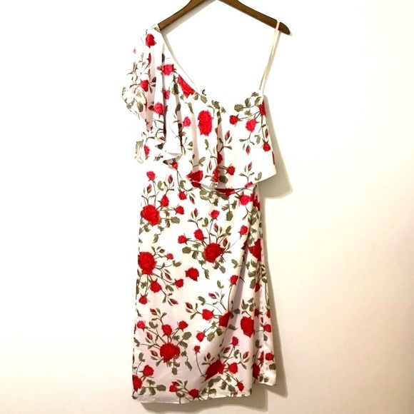 Fame and Partners Briar Rose White Red Floral One Shoulder Dress Ruffle US 8 NWT - Picture 2 of 12